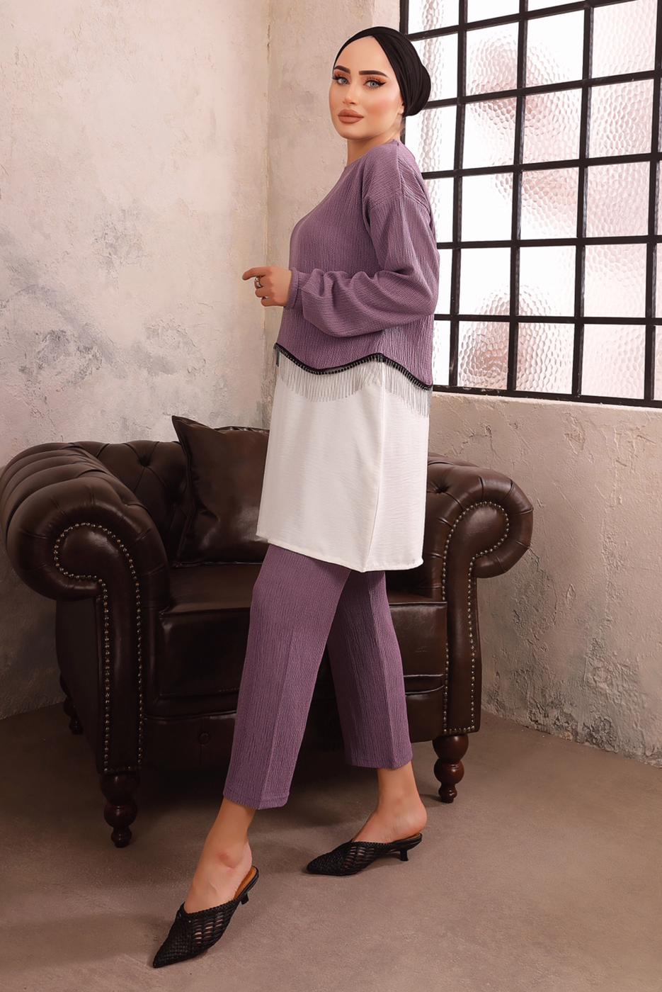 Tesettür giyim MOR ZİNCİR DETAYLI İKİLİ PANTOLON TAKIMI T 1492
