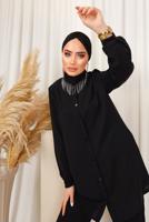 Tesettür giyim SİYAH YAKASI TAŞ ZİNCİR DETAYLI PANTOLONLU TAKIM T 1503