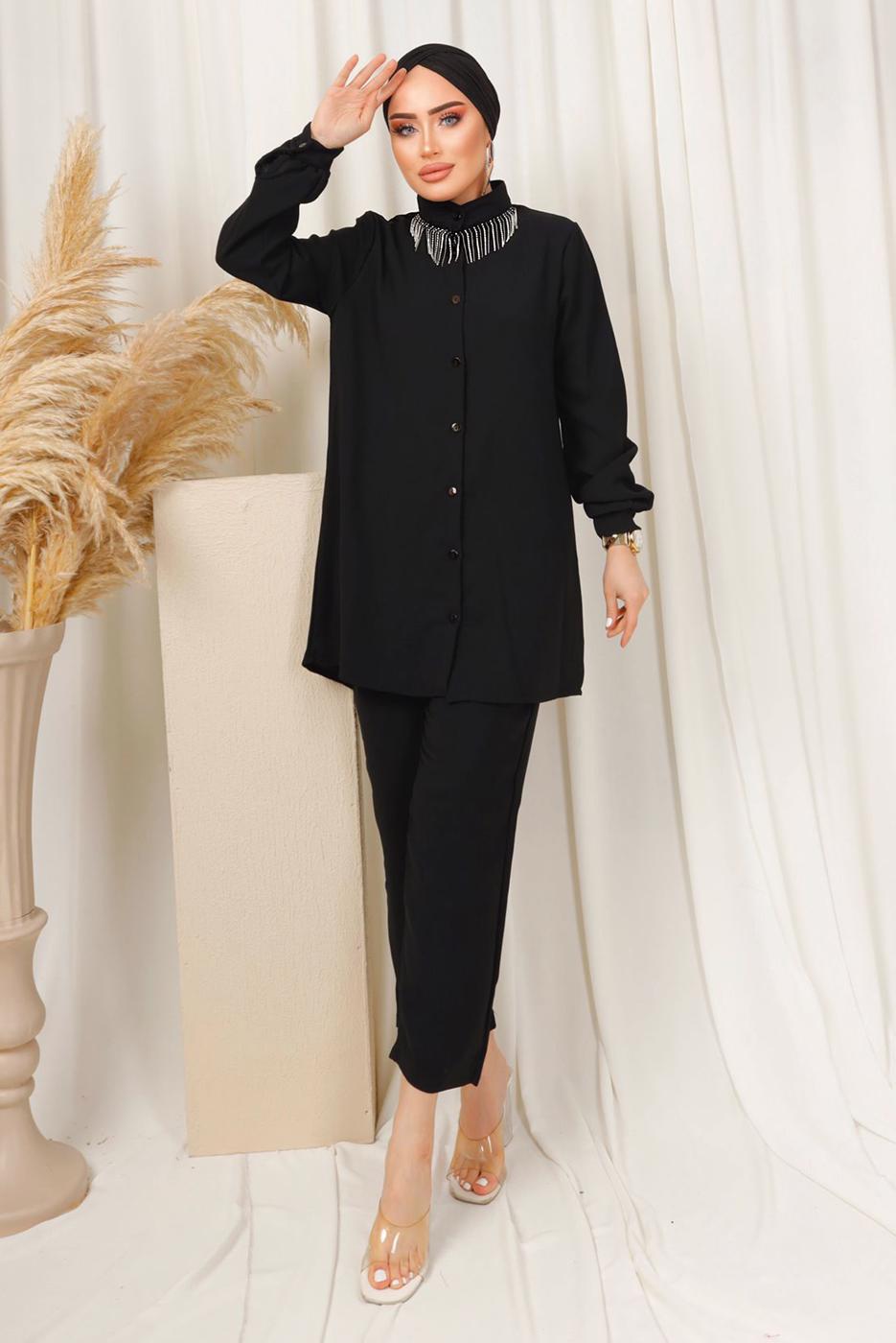 Tesettür giyim SİYAH YAKASI TAŞ ZİNCİR DETAYLI PANTOLONLU TAKIM T 1503