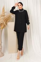 Tesettür giyim SİYAH YAKASI TAŞ ZİNCİR DETAYLI PANTOLONLU TAKIM T 1503
