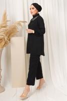Tesettür giyim SİYAH YAKASI TAŞ ZİNCİR DETAYLI PANTOLONLU TAKIM T 1503