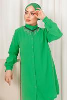 Tesettür giyim YEŞİL YAKASI TAŞ ZİNCİR DETAYLI PANTOLONLU TAKIM T 1503
