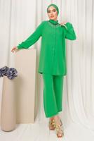 Tesettür giyim YEŞİL YAKASI TAŞ ZİNCİR DETAYLI PANTOLONLU TAKIM T 1503