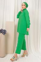 Tesettür giyim YEŞİL YAKASI TAŞ ZİNCİR DETAYLI PANTOLONLU TAKIM T 1503