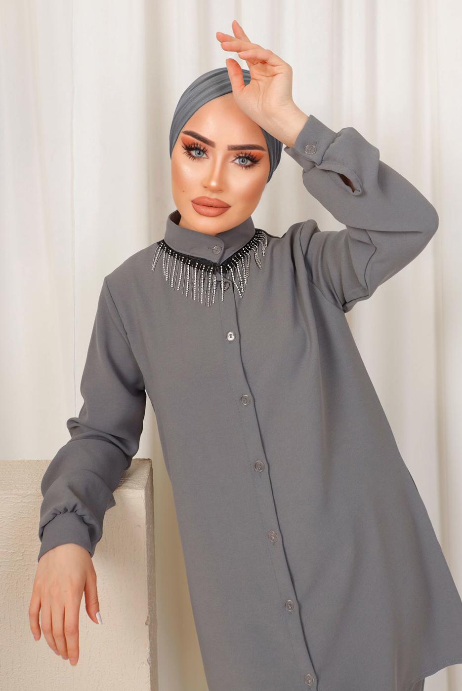 Tesettür giyim GRİ YAKASI TAŞ ZİNCİR DETAYLI PANTOLONLU TAKIM T 1503