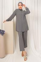 Tesettür giyim GRİ YAKASI TAŞ ZİNCİR DETAYLI PANTOLONLU TAKIM T 1503