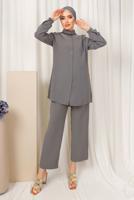 Tesettür giyim GRİ YAKASI TAŞ ZİNCİR DETAYLI PANTOLONLU TAKIM T 1503