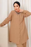 Tesettür giyim KAHVE YAKASI TAŞ ZİNCİR DETAYLI PANTOLONLU TAKIM T 1503