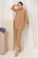 Tesettür giyim KAHVE YAKASI TAŞ ZİNCİR DETAYLI PANTOLONLU TAKIM T 1503