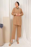 Tesettür giyim KAHVE YAKASI TAŞ ZİNCİR DETAYLI PANTOLONLU TAKIM T 1503