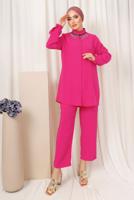 Tesettür giyim FUŞYA YAKASI TAŞ ZİNCİR DETAYLI PANTOLONLU TAKIM T 1503