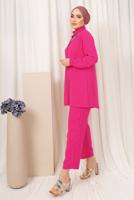 Tesettür giyim FUŞYA YAKASI TAŞ ZİNCİR DETAYLI PANTOLONLU TAKIM T 1503