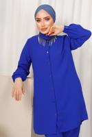 Tesettür giyim LACİVERT YAKASI TAŞ ZİNCİR DETAYLI PANTOLONLU TAKIM T 1503