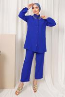 Tesettür giyim LACİVERT YAKASI TAŞ ZİNCİR DETAYLI PANTOLONLU TAKIM T 1503