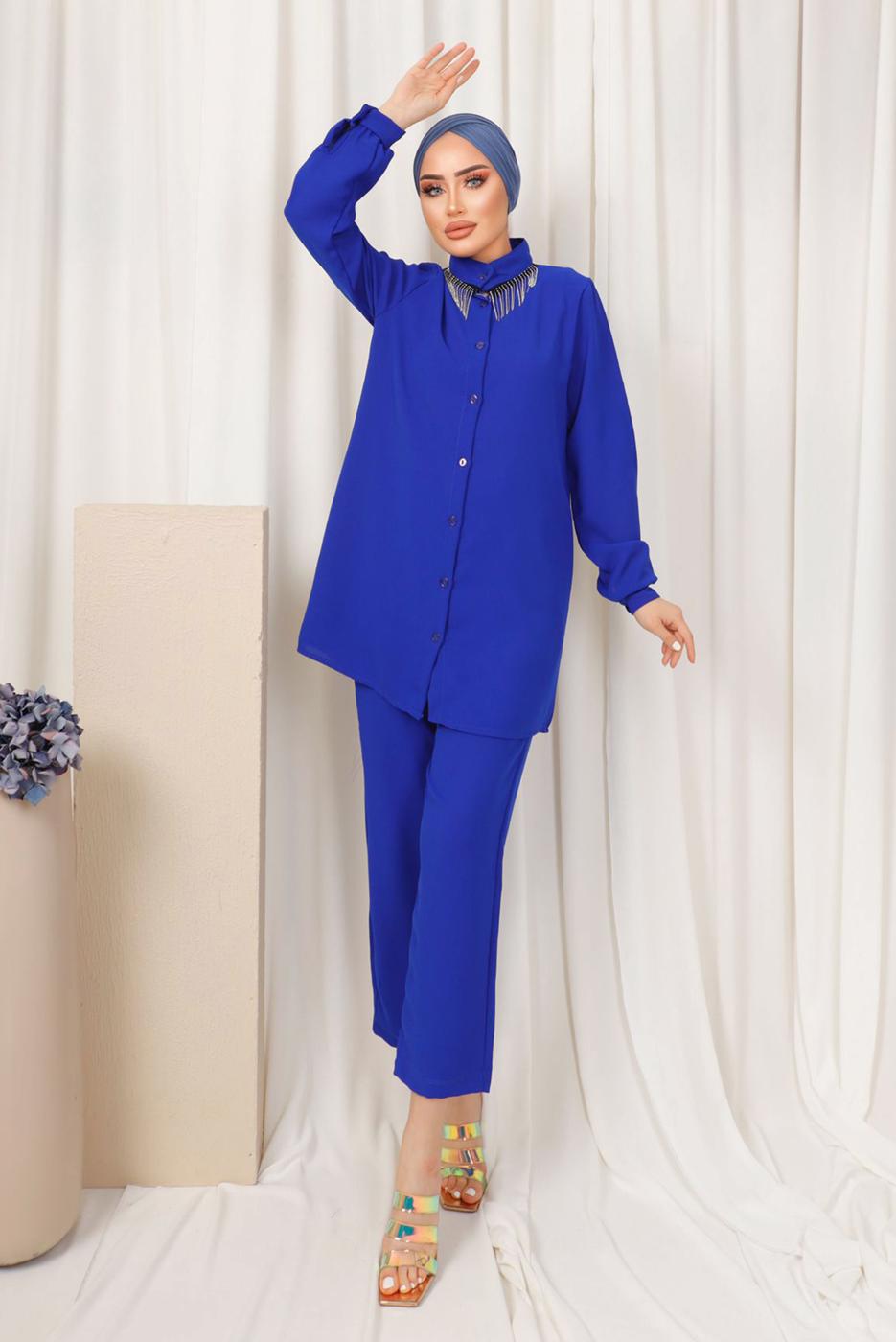 Tesettür giyim LACİVERT YAKASI TAŞ ZİNCİR DETAYLI PANTOLONLU TAKIM T 1503