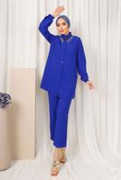 Tesettür giyim LACİVERT YAKASI TAŞ ZİNCİR DETAYLI PANTOLONLU TAKIM T 1503