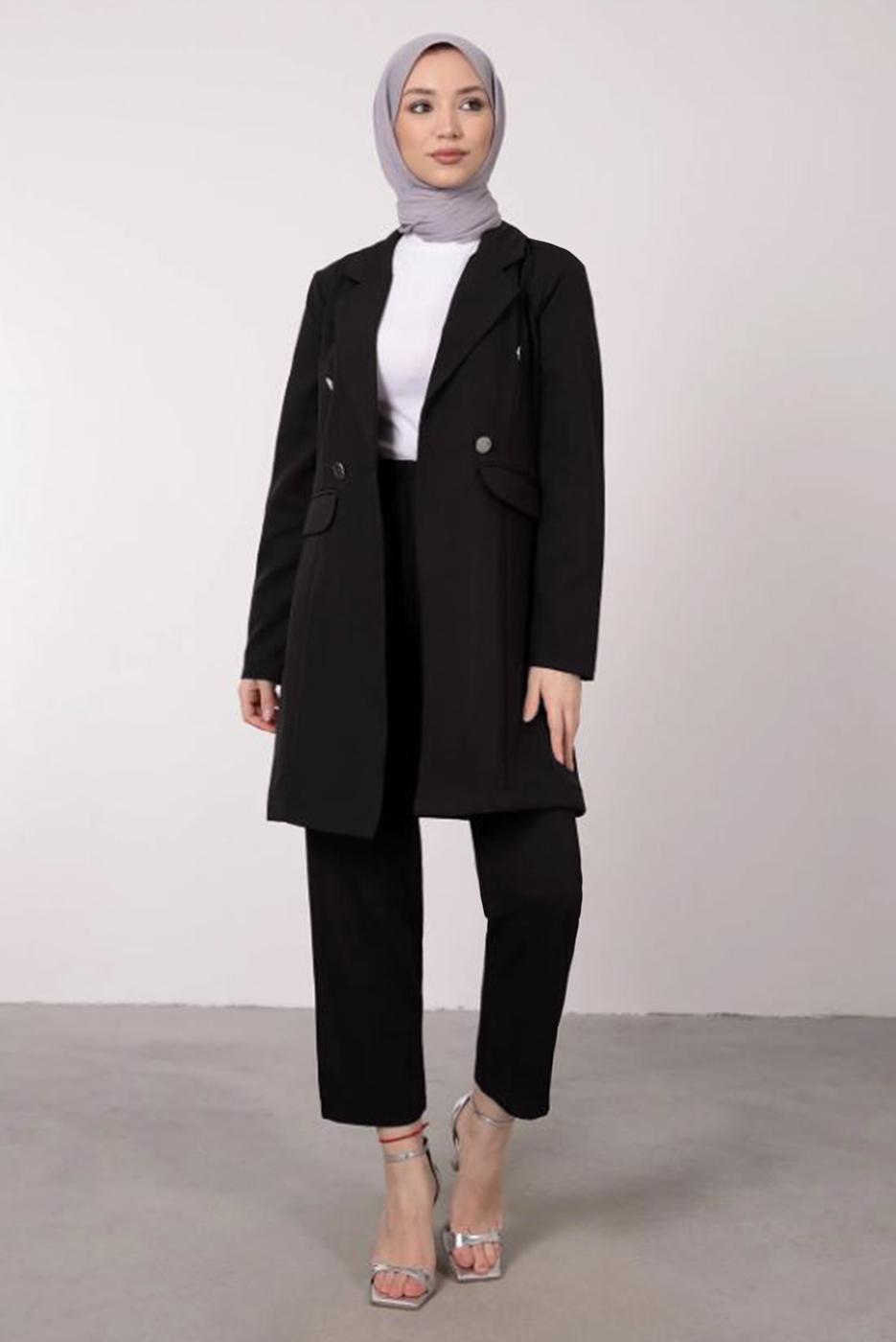 Tesettür giyim SİYAH KRUVAZE YAKA BELİ LASTİKLİ İKİLİ KREP TAKIM T 1585