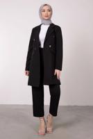 Tesettür giyim SİYAH KRUVAZE YAKA BELİ LASTİKLİ İKİLİ KREP TAKIM T 1585