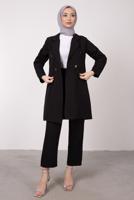 Tesettür giyim SİYAH KRUVAZE YAKA BELİ LASTİKLİ İKİLİ KREP TAKIM T 1585