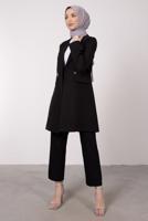 Tesettür giyim SİYAH KRUVAZE YAKA BELİ LASTİKLİ İKİLİ KREP TAKIM T 1585