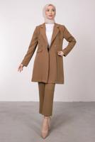 Tesettür giyim KAHVE KRUVAZE YAKA BELİ LASTİKLİ İKİLİ KREP TAKIM T 1585