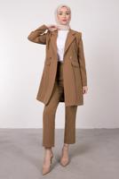 Tesettür giyim KAHVE KRUVAZE YAKA BELİ LASTİKLİ İKİLİ KREP TAKIM T 1585