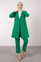 Tesettür giyim YEŞİL KRUVAZE YAKA BELİ LASTİKLİ İKİLİ KREP TAKIM T 1585