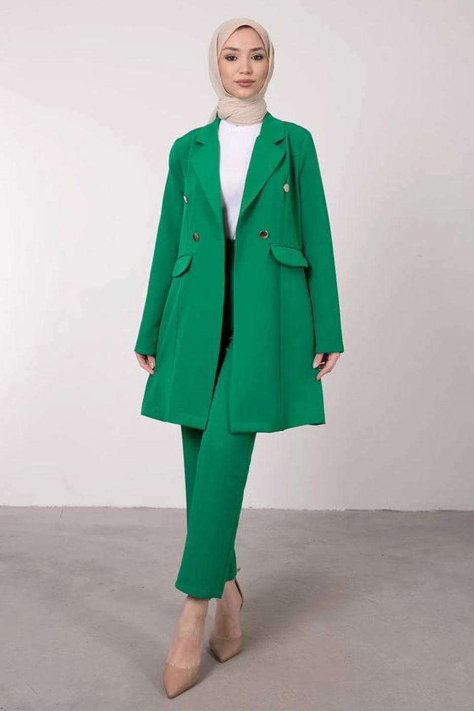 Tesettür giyim YEŞİL KRUVAZE YAKA BELİ LASTİKLİ İKİLİ KREP TAKIM T 1585