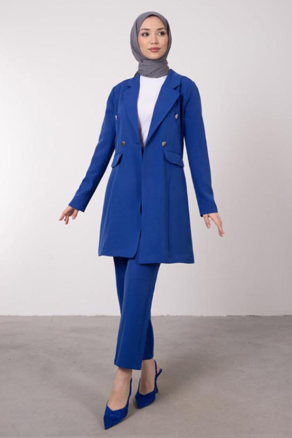 Tesettür giyim LACİVERT KRUVAZE YAKA BELİ LASTİKLİ İKİLİ KREP TAKIM T 1585