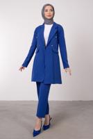 Tesettür giyim LACİVERT KRUVAZE YAKA BELİ LASTİKLİ İKİLİ KREP TAKIM T 1585