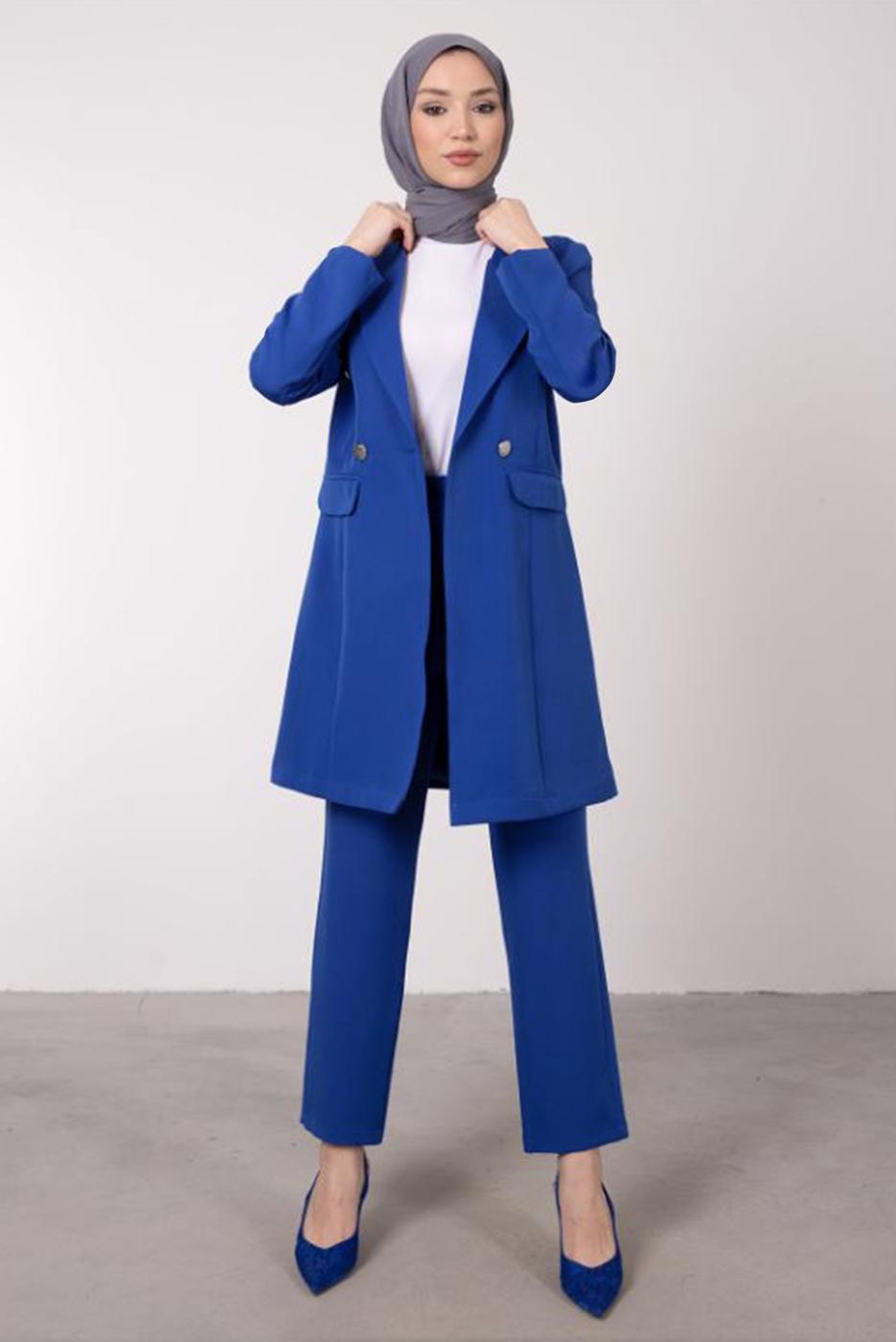 Tesettür giyim LACİVERT KRUVAZE YAKA BELİ LASTİKLİ İKİLİ KREP TAKIM T 1585
