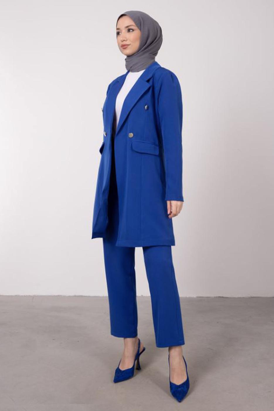 Tesettür giyim LACİVERT KRUVAZE YAKA BELİ LASTİKLİ İKİLİ KREP TAKIM T 1585