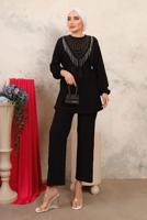 Tesettür giyim SİYAH BONCUK İŞLEMELİ İKİLİ PANTOLONLU TAKIM T 1603