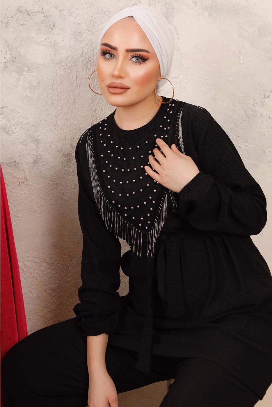 Tesettür giyim SİYAH BONCUK İŞLEMELİ İKİLİ PANTOLONLU TAKIM T 1603