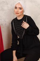 Tesettür giyim SİYAH BONCUK İŞLEMELİ İKİLİ PANTOLONLU TAKIM T 1603