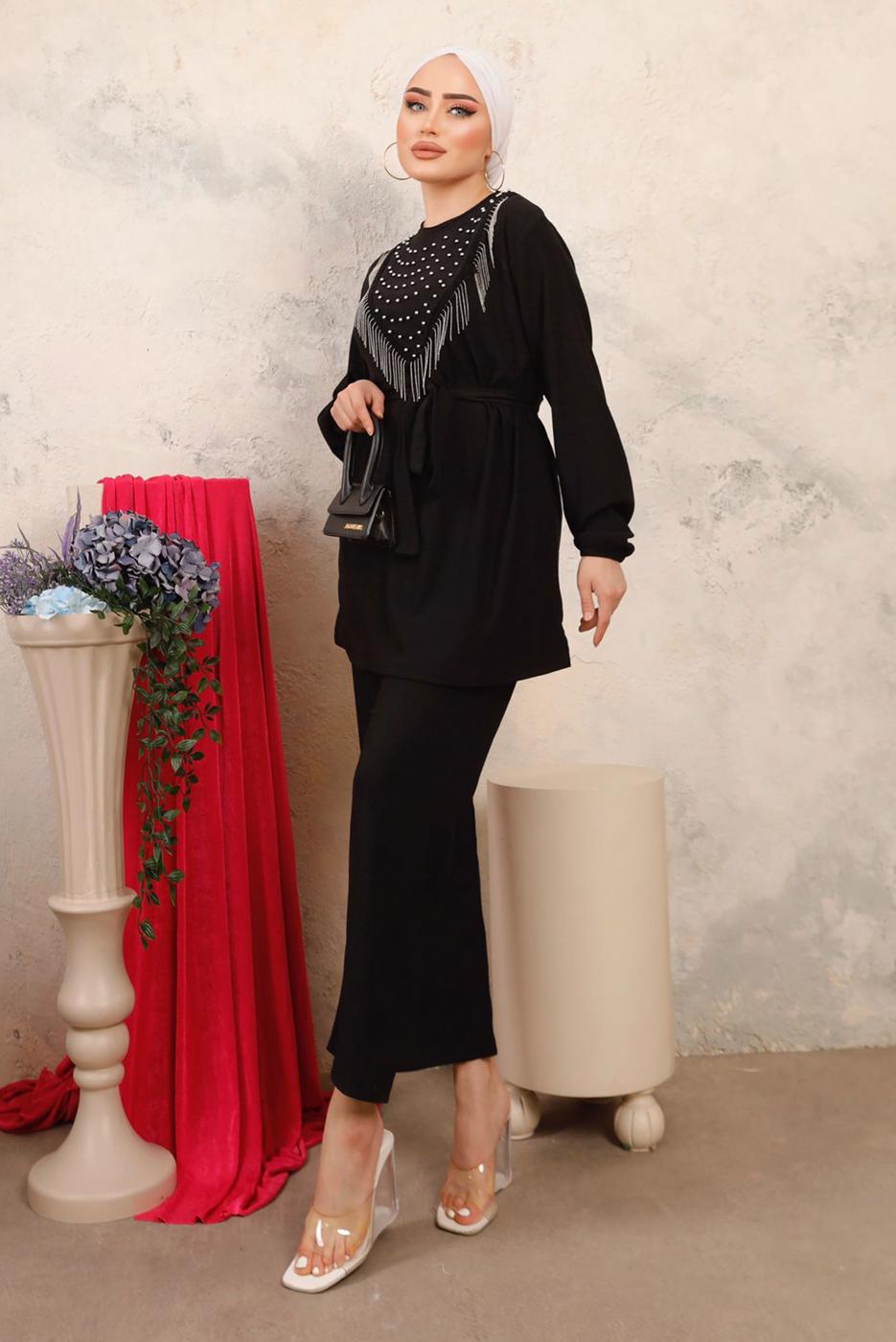 Tesettür giyim SİYAH BONCUK İŞLEMELİ İKİLİ PANTOLONLU TAKIM T 1603
