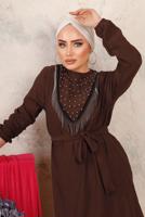 Tesettür giyim KAHVE BONCUK İŞLEMELİ İKİLİ PANTOLONLU TAKIM T 1603