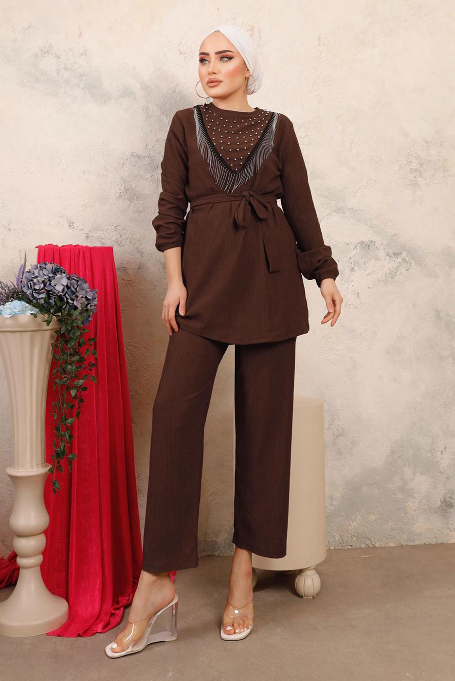 Tesettür giyim KAHVE BONCUK İŞLEMELİ İKİLİ PANTOLONLU TAKIM T 1603