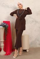 Tesettür giyim KAHVE BONCUK İŞLEMELİ İKİLİ PANTOLONLU TAKIM T 1603