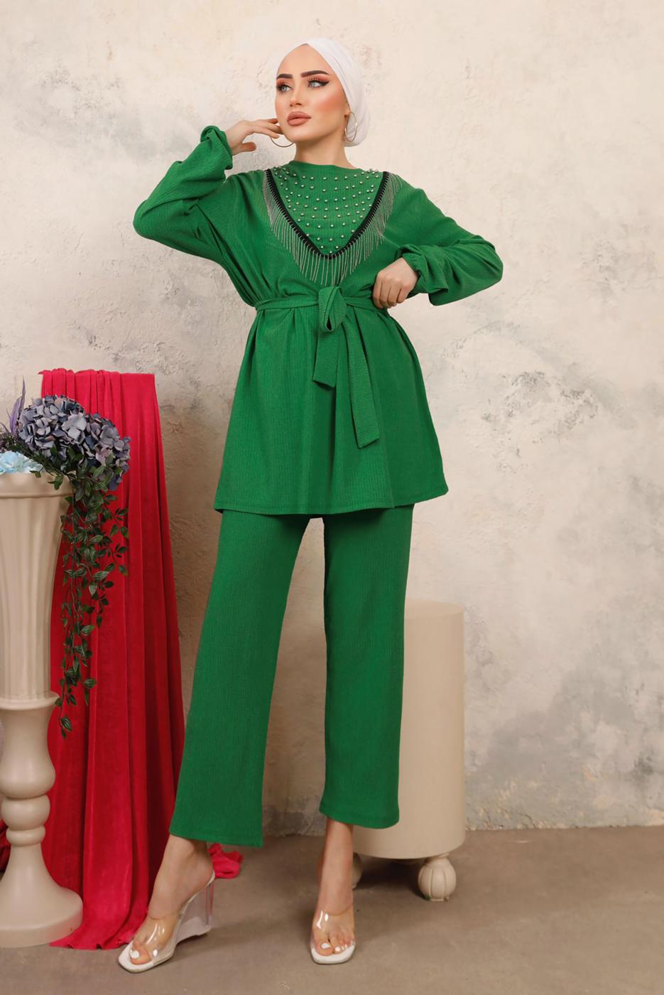 Tesettür giyim YEŞİL BONCUK İŞLEMELİ İKİLİ PANTOLONLU TAKIM T 1603