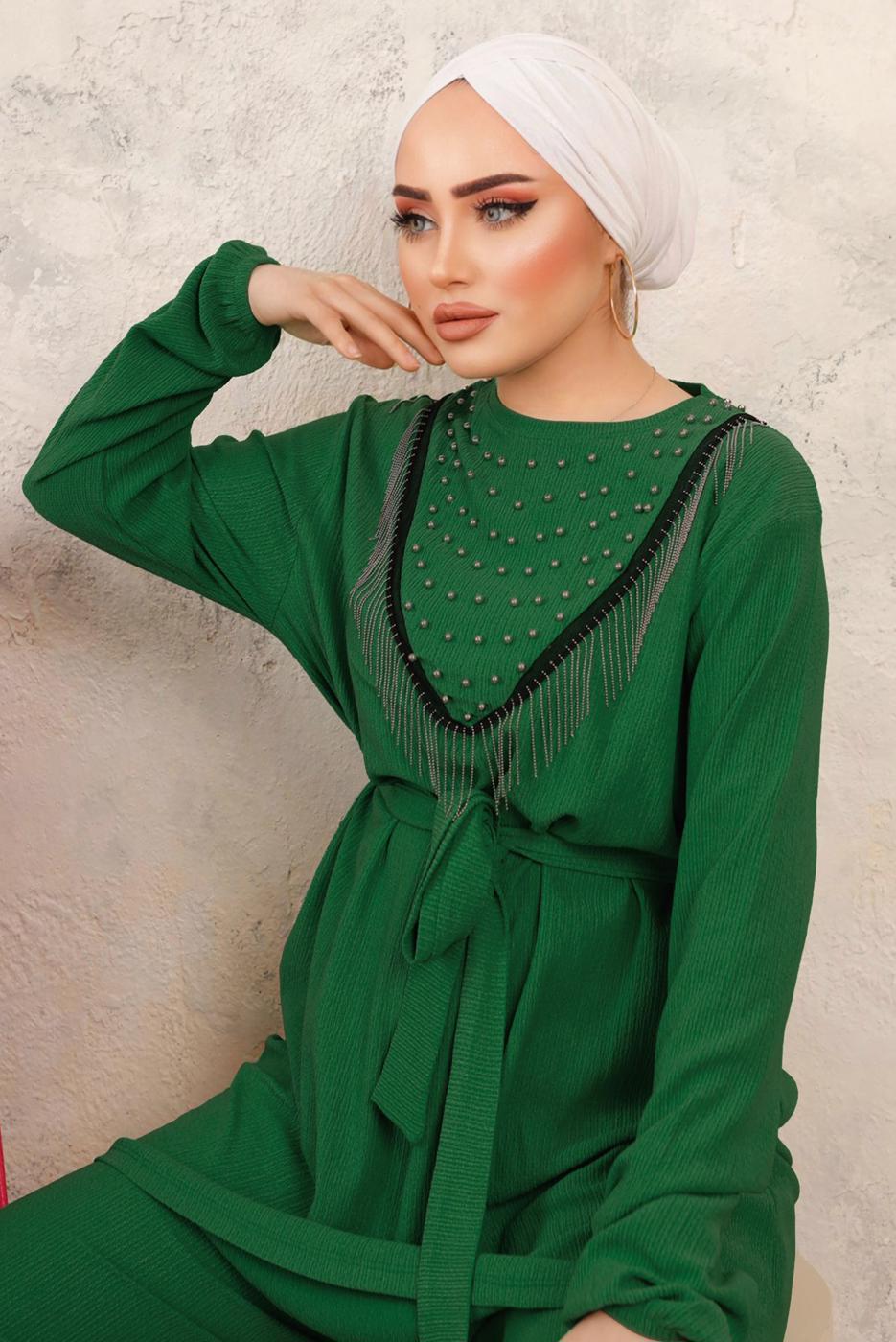 Tesettür giyim YEŞİL BONCUK İŞLEMELİ İKİLİ PANTOLONLU TAKIM T 1603