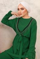 Tesettür giyim YEŞİL BONCUK İŞLEMELİ İKİLİ PANTOLONLU TAKIM T 1603