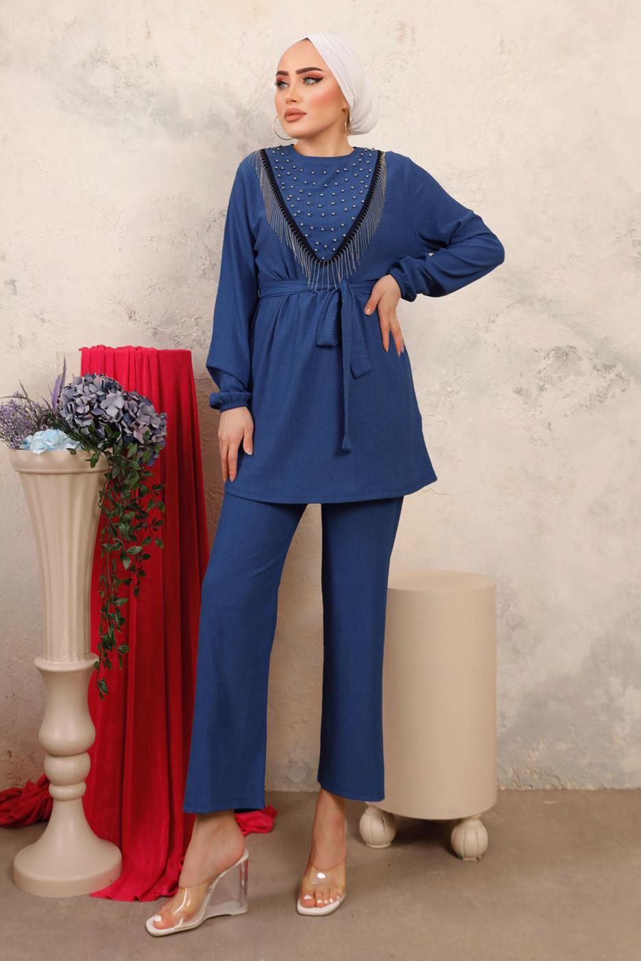 Tesettür giyim LACİVERT BONCUK İŞLEMELİ İKİLİ PANTOLONLU TAKIM T 1603