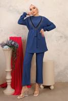 Tesettür giyim LACİVERT BONCUK İŞLEMELİ İKİLİ PANTOLONLU TAKIM T 1603