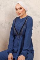 Tesettür giyim LACİVERT BONCUK İŞLEMELİ İKİLİ PANTOLONLU TAKIM T 1603
