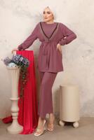 Tesettür giyim PEMBE BONCUK İŞLEMELİ İKİLİ PANTOLONLU TAKIM T 1603