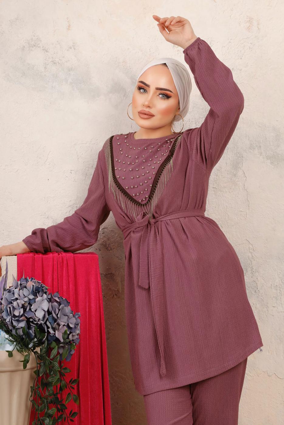 Tesettür giyim PEMBE BONCUK İŞLEMELİ İKİLİ PANTOLONLU TAKIM T 1603