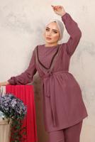 Tesettür giyim PEMBE BONCUK İŞLEMELİ İKİLİ PANTOLONLU TAKIM T 1603