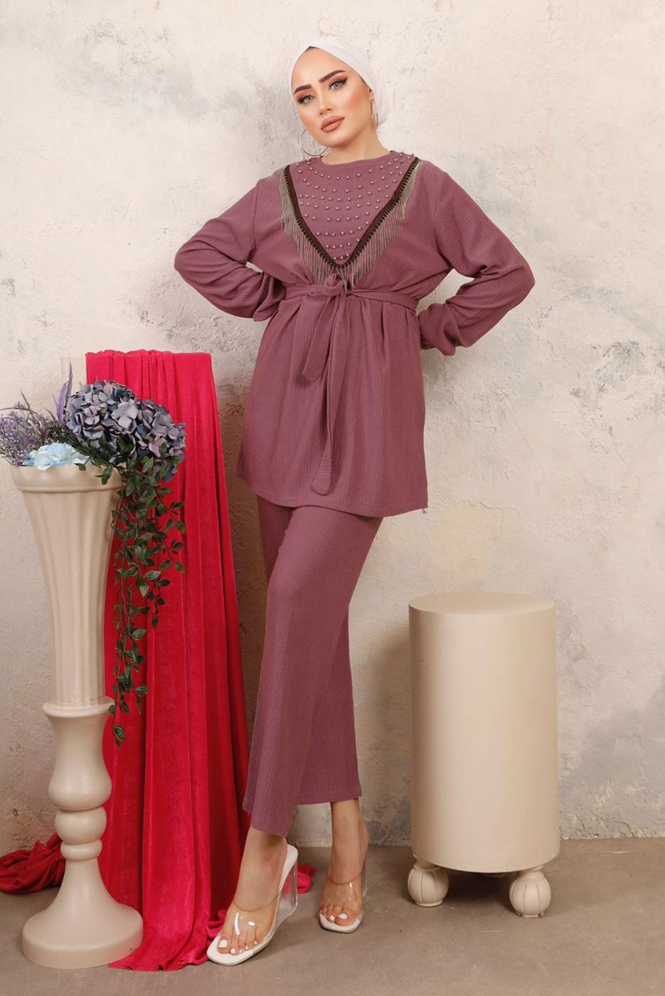 Tesettür giyim PEMBE BONCUK İŞLEMELİ İKİLİ PANTOLONLU TAKIM T 1603