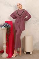 Tesettür giyim PEMBE BONCUK İŞLEMELİ İKİLİ PANTOLONLU TAKIM T 1603